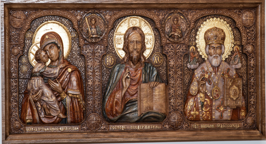 Икона-триптих Богоматерь Казанская, Иисус Христос Спаситель, Николай Чудотворец.